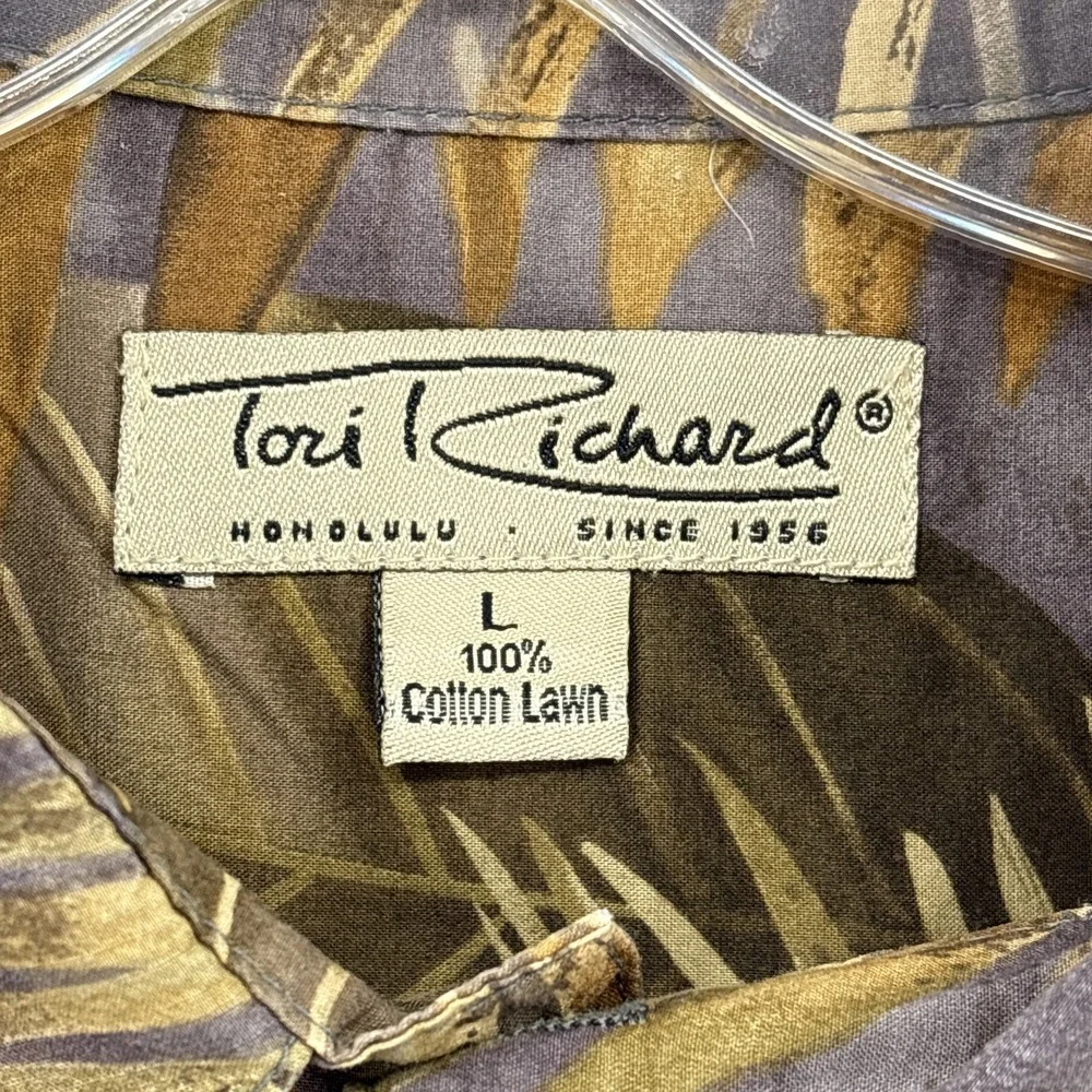 Tori Richard Shirt Mens Large Brown Gray Yellow Leaf Aloha Cotton Lawn Vintage‎